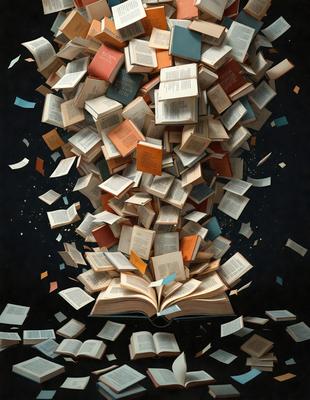 The primary subject of the image is a large stack of books, with various colors and sizes. The setting is a dark room, and the visual style appears to be a digital art or illustration. The dominant colors in the image are shades of brown and black, creating a moody atmosphere.